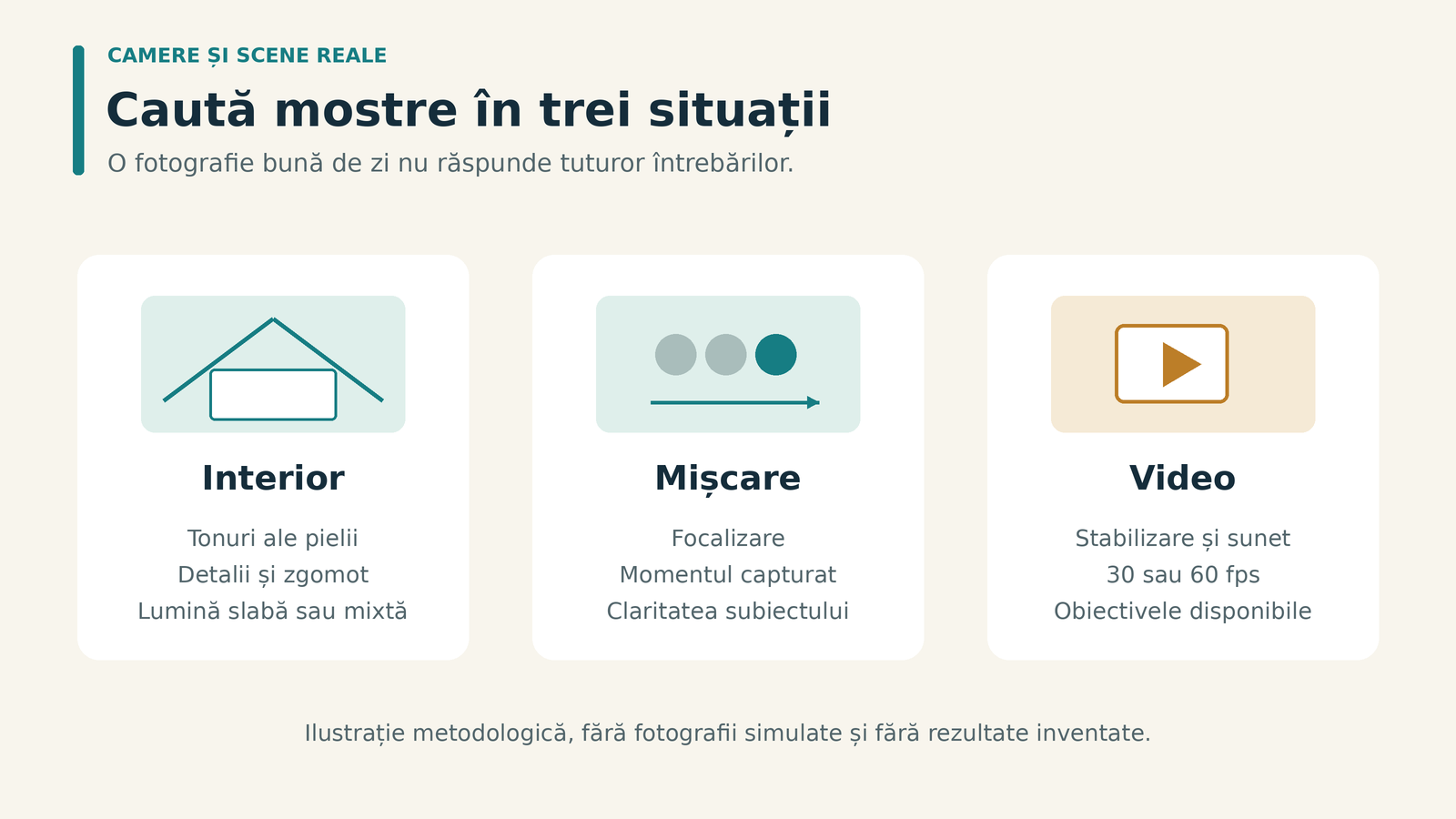 Trei tipuri de verificări pentru cameră: interior, subiecți în mișcare și video, fiecare cu criteriile relevante de evaluat în mostre.